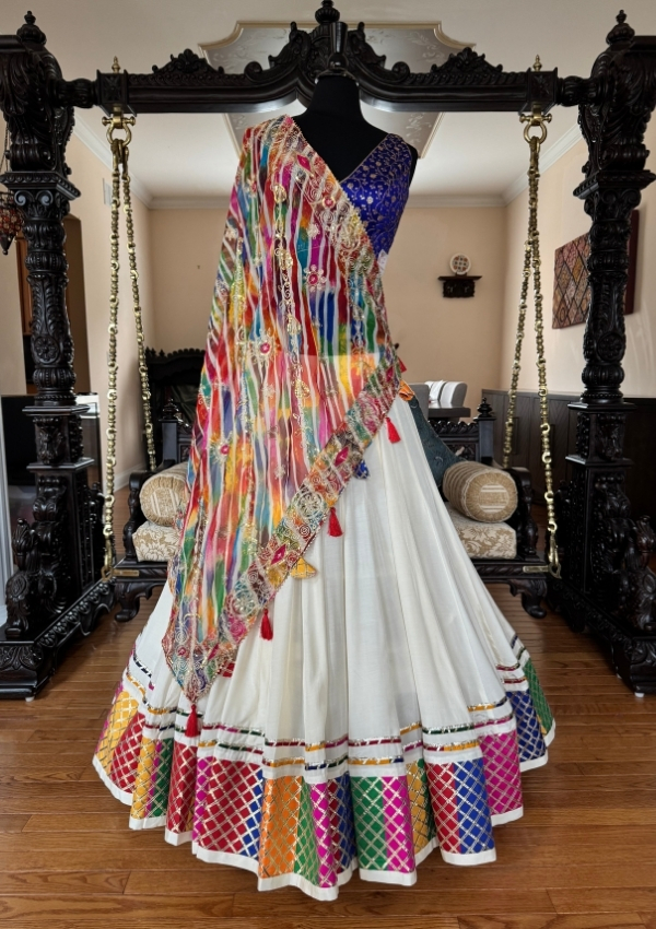 White Chaniya with Multicolor Dupatta